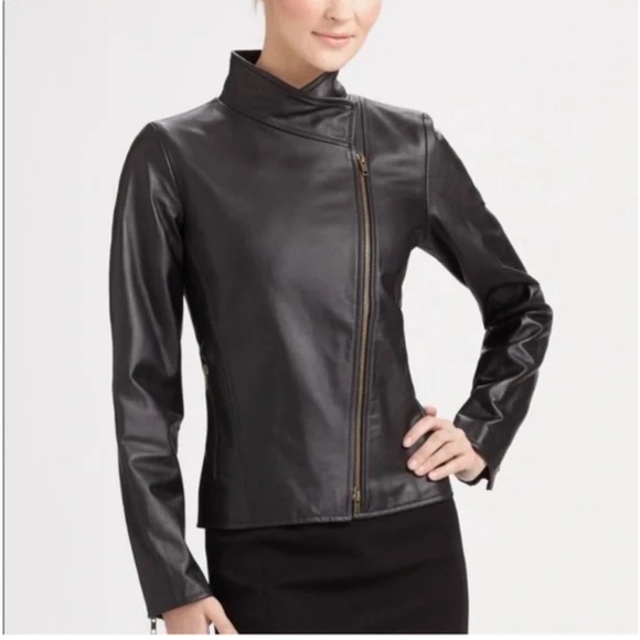 Eileen Fisher Leather black moto biker jacket Asymmetrical zip size small - Picture 2 of 16
